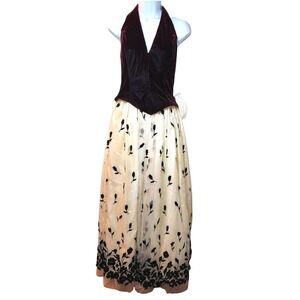 Vintage Scott McClintock Velvet Halter‎ Floral Maxi Dress Gown Burgundy Cream 10